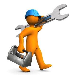 Orange cartoon character walks with big wrench on the white background.